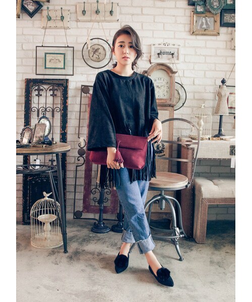 gracegift（グレースギフト）の「韓國翻折捲編麂皮流蘇包（バッグ・レディース・酒紅/黑/卡其・F）」の4枚目の写真