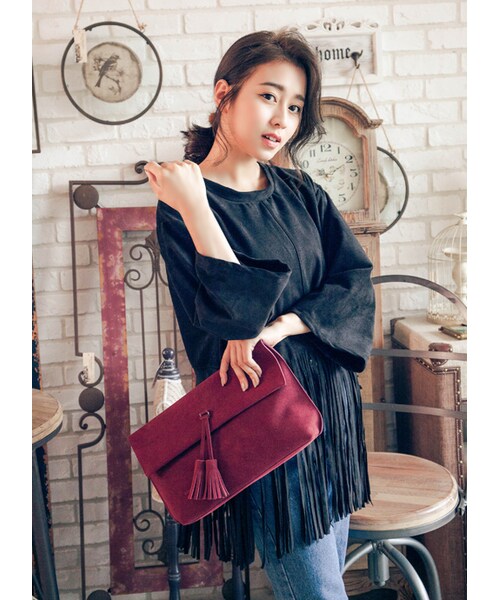 gracegift（グレースギフト）の「韓國翻折捲編麂皮流蘇包（バッグ・レディース・酒紅/黑/卡其・F）」の6枚目の写真