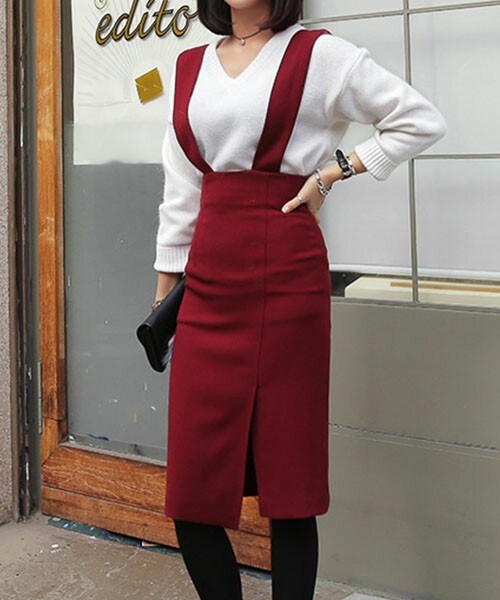 DHOLIC（ディーホリック）の「サスペンダーハイウエストミディスカート（スカート・レディース・グレー/ダークグリーン/ブラック/ワイン・FREE）」の4枚目の写真