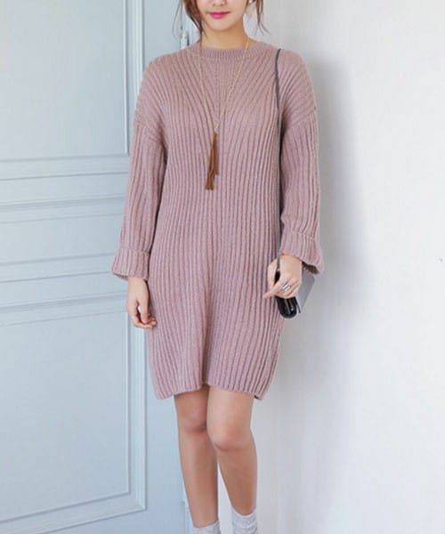 DHOLIC（ディーホリック）の「ベルトストラップ付きワイドスリーブリブニットワンピース（ワンピース・レディース・カーキグレー/ディープグリーン/ピンク/ブラック・FREE）」の4枚目の写真