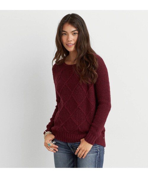 American Eagle（アメリカンイーグル）の「AEOダイヤモンドパターンセーター（ニット/セーター・レディース・クリーム/パイン/ネイビー/レッド/ピンク/ベリージャム/イエロー/ライトグレー・XXS/XS/S/M/L/XL）」の8枚目の写真