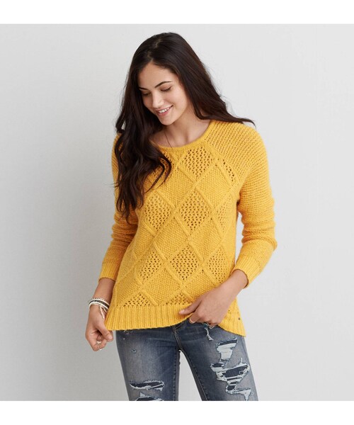 American Eagle（アメリカンイーグル）の「AEOダイヤモンドパターンセーター（ニット/セーター・レディース・クリーム/パイン/ネイビー/レッド/ピンク/ベリージャム/イエロー/ライトグレー・XXS/XS/S/M/L/XL）」の4枚目の写真