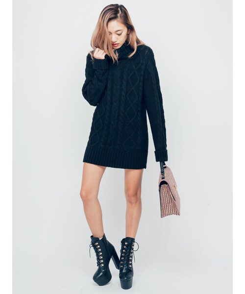 EVRIS（エヴリス）の「ケーブルタートルネックニットワンピ（ワンピース/ドレス・レディース・グレー/ブラック/グリーン・F）」の5枚目の写真