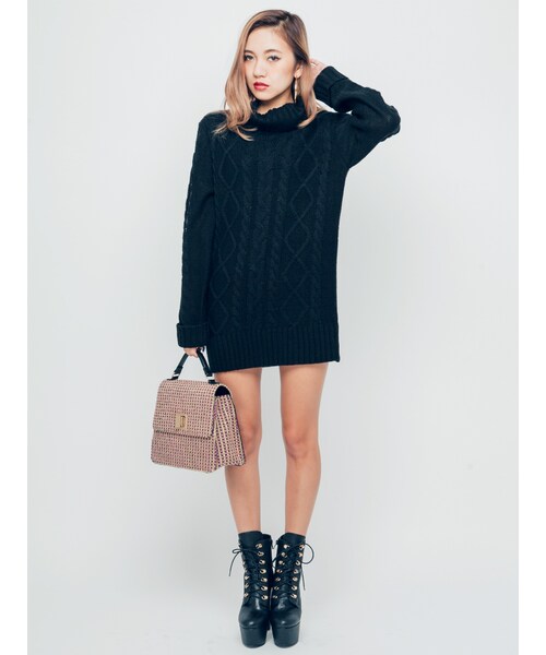 EVRIS（エヴリス）の「ケーブルタートルネックニットワンピ（ワンピース/ドレス・レディース・グレー/ブラック/グリーン・F）」の4枚目の写真