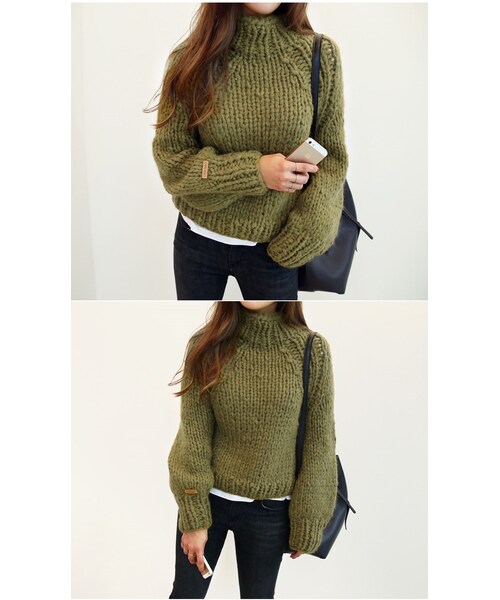 Aco Design（アコデザイン）の「ハイネック ニット ゆったり/ショート丈 ニット/ゆるニット（Tシャツ/カットソー・レディース・カーキ・バスト：92　袖丈：69　袖幅：14　着丈：49）」の2枚目の写真