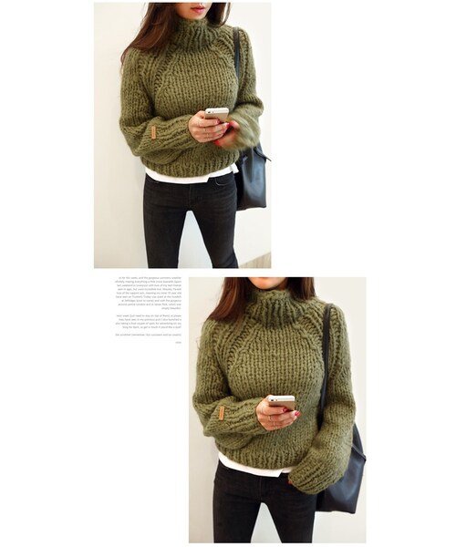 Aco Design（アコデザイン）の「ハイネック ニット ゆったり/ショート丈 ニット/ゆるニット（Tシャツ/カットソー・レディース・カーキ・バスト：92　袖丈：69　袖幅：14　着丈：49）」の3枚目の写真