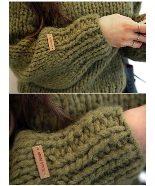 Aco Design（アコデザイン）の「ハイネック ニット ゆったり/ショート丈 ニット/ゆるニット（Tシャツ/カットソー・レディース・カーキ・バスト：92　袖丈：69　袖幅：14　着丈：49）」の4枚目の写真