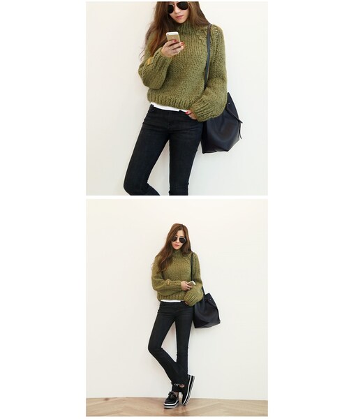 Aco Design（アコデザイン）の「ハイネック ニット ゆったり/ショート丈 ニット/ゆるニット（Tシャツ/カットソー・レディース・カーキ・バスト：92　袖丈：69　袖幅：14　着丈：49）」の6枚目の写真