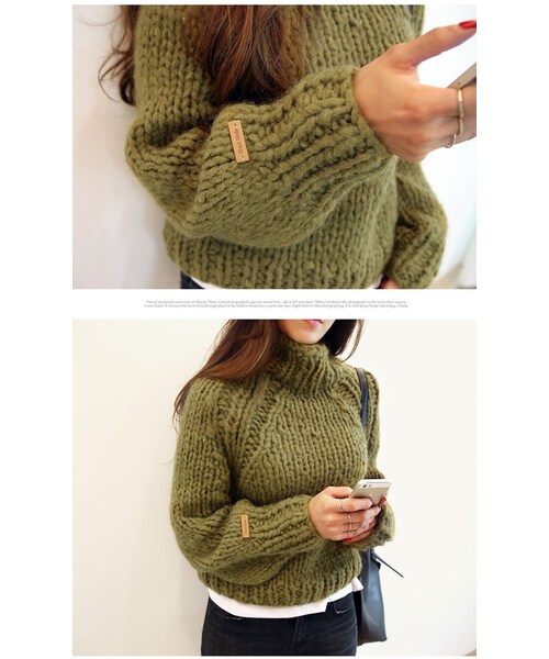 Aco Design（アコデザイン）の「ハイネック ニット ゆったり/ショート丈 ニット/ゆるニット（Tシャツ/カットソー・レディース・カーキ・バスト：92　袖丈：69　袖幅：14　着丈：49）」の7枚目の写真