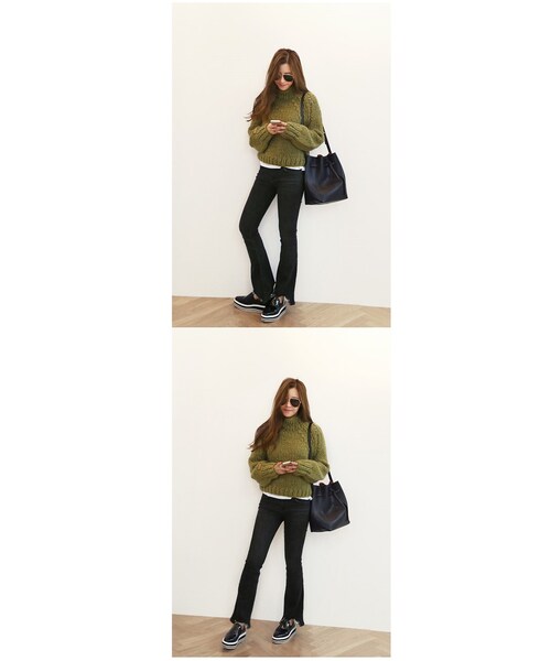 Aco Design（アコデザイン）の「ハイネック ニット ゆったり/ショート丈 ニット/ゆるニット（Tシャツ/カットソー・レディース・カーキ・バスト：92　袖丈：69　袖幅：14　着丈：49）」の8枚目の写真