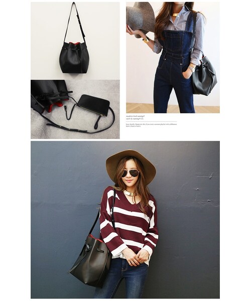 Aco Design（アコデザイン）の「ポーチ 小物入れ付き 巾着 バッグ レザー/巾着 ショルダーバッグ（バックパック/リュック・レディース・ブラック・横幅：23.5　マチ幅：16　高さ：31　総丈：65　【クラッチバッグ】横：20　縦：13.5）」の2枚目の写真