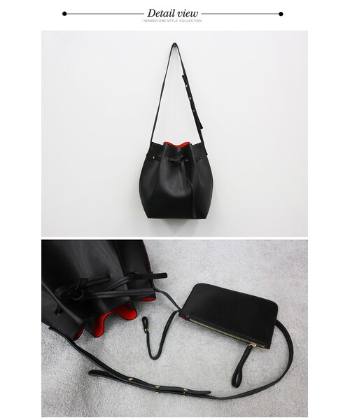 Aco Design（アコデザイン）の「ポーチ 小物入れ付き 巾着 バッグ レザー/巾着 ショルダーバッグ（バックパック/リュック・レディース・ブラック・横幅：23.5　マチ幅：16　高さ：31　総丈：65　【クラッチバッグ】横：20　縦：13.5）」の8枚目の写真