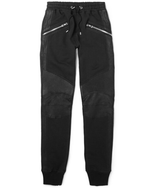 BALMAIN(バルマン)の「Balmain Slim-Fit Biker-Style Leather-Trimmed Cotton-Jersey Sweatpants(その他パンツ・メンズ・Black・S/M/L/XL)」の1枚目の写真