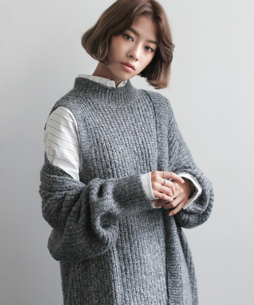 DHOLIC(ディーホリック)の「カシミヤ混モックネックニットワンピース&オープンニットカーディガンSET(ワンピース・レディース・グレー/ベージュ・FREE)」の1枚目の写真