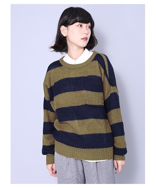 E hyphen world gallery(イーハイフンワールドギャラリー)の「・胸ポケット付畦編みボーダーニットプルオーバー(トップス・オフホワイト/キャメル/カーキ・F)」の4枚目の写真