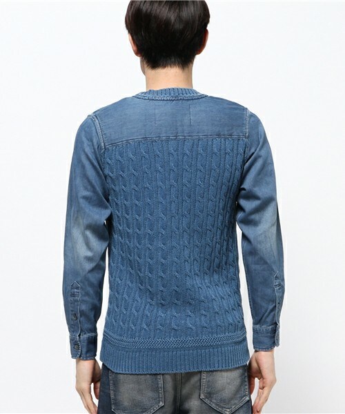 RATTLE TRAP（ラトルトラップ）の「インディゴ染めケーブル編み×デニムコンビシャツニット（ニット/セーター・メンズ・ブルー・MEDIUM/LARGE）」の3枚目の写真