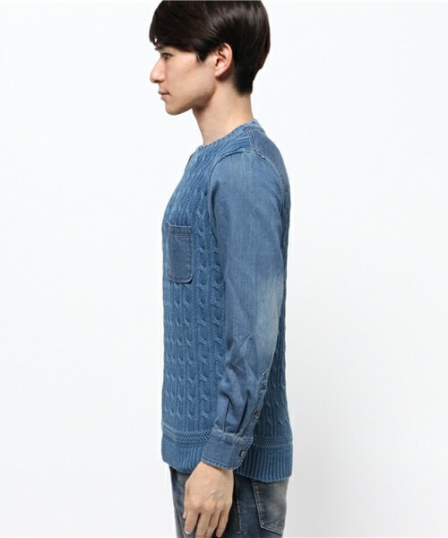 RATTLE TRAP（ラトルトラップ）の「インディゴ染めケーブル編み×デニムコンビシャツニット（ニット/セーター・メンズ・ブルー・MEDIUM/LARGE）」の2枚目の写真