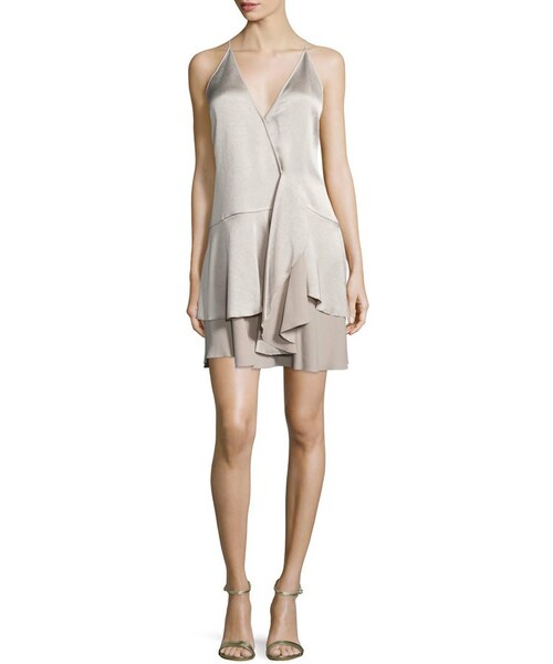 Halston の Halston Heritage Sleeveless Faux Wrap Layered Dress Stone ワンピース Wear