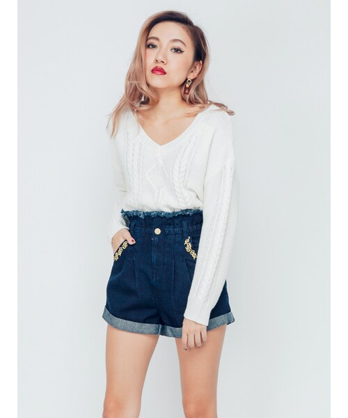 EVRIS（エヴリス）の「エンブロイダリータックデニムショートパンツ（パンツ・レディース・ブラック/インディゴ・S/M）」の3枚目の写真