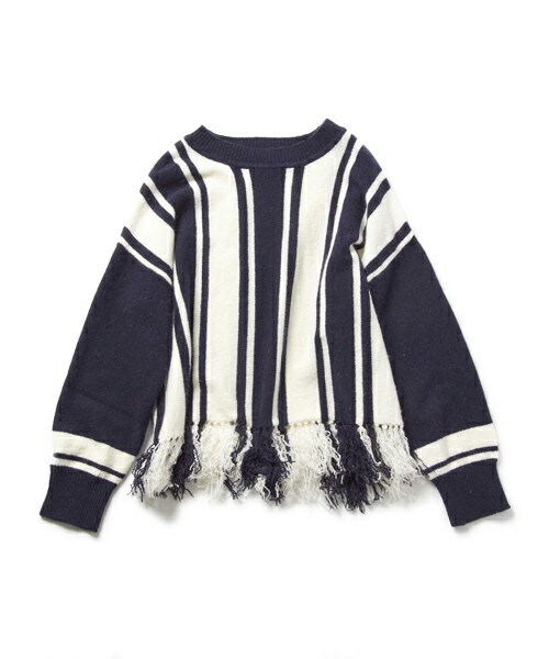 DRWCYS（ドロシーズ）の「アンゴラ混フリンジストライプニット（ニット/セーター・レディース・ホワイト/ベージュ/ネイビー・M）」の3枚目の写真