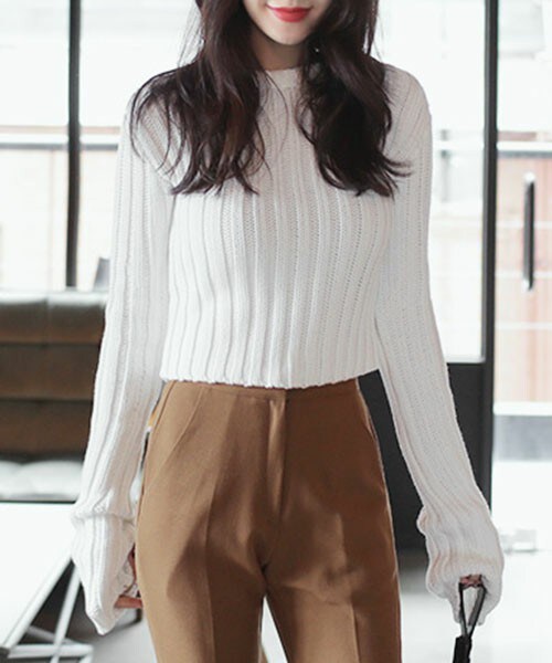 DHOLIC(ディーホリック)の「ロングスリーブクロップドニットプルオーバー(ニット/セーター・レディース・アイボリー/グレー/ネオンオレンジ/ネオングリーン/ブラックグレー/ライトベージュ・FREE)」の1枚目の写真