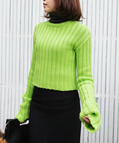 DHOLIC(ディーホリック)の「ロングスリーブクロップドニットプルオーバー(ニット/セーター・レディース・アイボリー/グレー/ネオンオレンジ/ネオングリーン/ブラックグレー/ライトベージュ・FREE)」の5枚目の写真