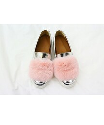 Aco Design | ファー ローファー パンプス ローヒール/マニッシュシューズ/ファー スリッポン シルバー(パンプス)