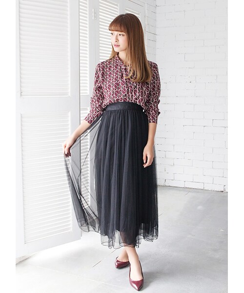 gracegift（グレースギフト）の「韓國優雅細緻網紗長裙（スカート・レディース・灰/黑・F）」の6枚目の写真