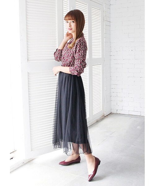 gracegift（グレースギフト）の「韓國優雅細緻網紗長裙（スカート・レディース・灰/黑・F）」の7枚目の写真