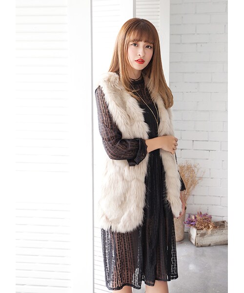 gracegift（グレースギフト）の「韓國晚宴仿皮草背心（ジャケット/アウター・レディース・黑/杏・F）」の9枚目の写真