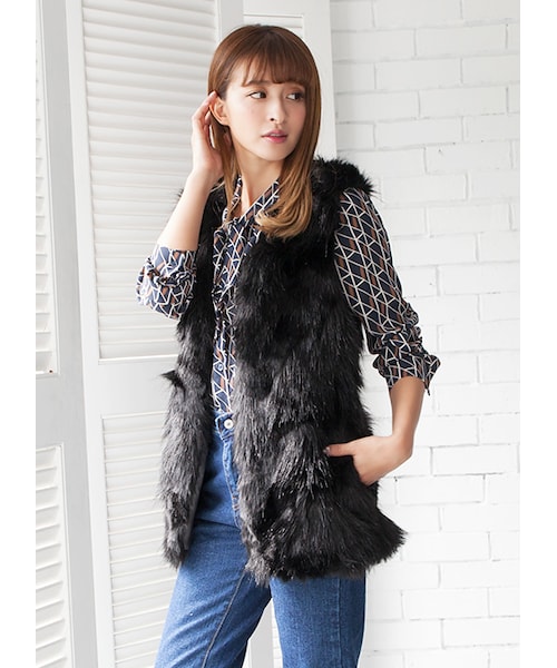 gracegift（グレースギフト）の「韓國晚宴仿皮草背心（ジャケット/アウター・レディース・黑/杏・F）」の5枚目の写真