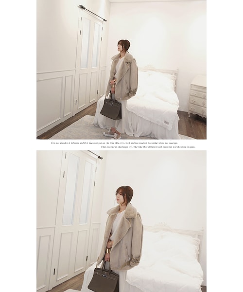 Aco Design（アコデザイン）の「ムートン コート ロング/ボアコーチジャケット/ライダースジャケット ファー/裏ボア コート（ムートンコート・レディース・ライトベージュ・肩幅：45　バスト：108　袖丈：59　袖幅：15.5　着丈：79）」の2枚目の写真