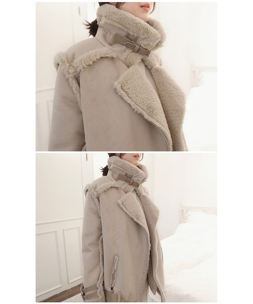 Aco Design（アコデザイン）の「ムートン コート ロング/ボアコーチジャケット/ライダースジャケット ファー/裏ボア コート（ムートンコート・レディース・ライトベージュ・肩幅：45　バスト：108　袖丈：59　袖幅：15.5　着丈：79）」の3枚目の写真