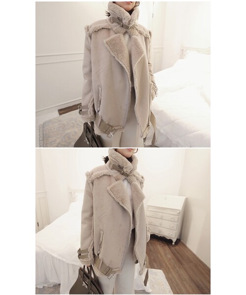 Aco Design（アコデザイン）の「ムートン コート ロング/ボアコーチジャケット/ライダースジャケット ファー/裏ボア コート（ムートンコート・レディース・ライトベージュ・肩幅：45　バスト：108　袖丈：59　袖幅：15.5　着丈：79）」の5枚目の写真