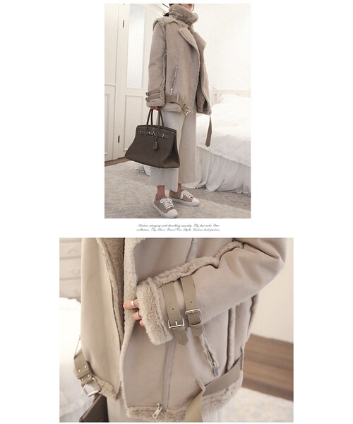 Aco Design（アコデザイン）の「ムートン コート ロング/ボアコーチジャケット/ライダースジャケット ファー/裏ボア コート（ムートンコート・レディース・ライトベージュ・肩幅：45　バスト：108　袖丈：59　袖幅：15.5　着丈：79）」の6枚目の写真