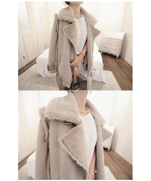 Aco Design（アコデザイン）の「ムートン コート ロング/ボアコーチジャケット/ライダースジャケット ファー/裏ボア コート（ムートンコート・レディース・ライトベージュ・肩幅：45　バスト：108　袖丈：59　袖幅：15.5　着丈：79）」の8枚目の写真