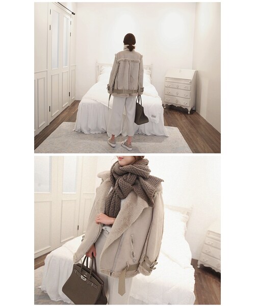 Aco Design（アコデザイン）の「ムートン コート ロング/ボアコーチジャケット/ライダースジャケット ファー/裏ボア コート（ムートンコート・レディース・ライトベージュ・肩幅：45　バスト：108　袖丈：59　袖幅：15.5　着丈：79）」の9枚目の写真