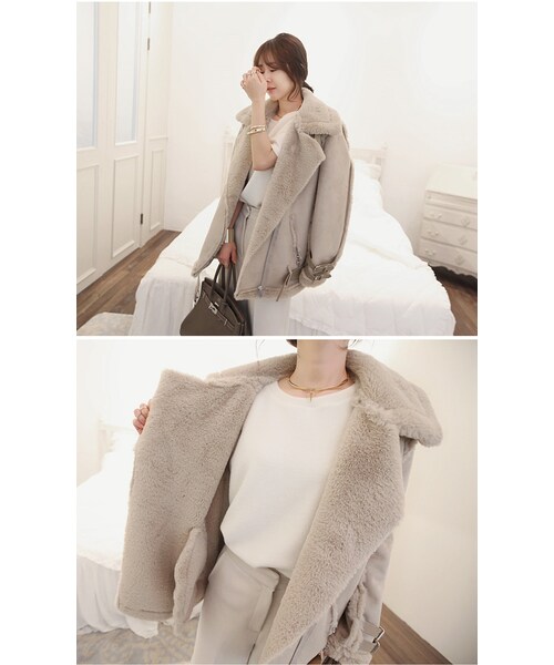 Aco Design（アコデザイン）の「ムートン コート ロング/ボアコーチジャケット/ライダースジャケット ファー/裏ボア コート（ムートンコート・レディース・ライトベージュ・肩幅：45　バスト：108　袖丈：59　袖幅：15.5　着丈：79）」の11枚目の写真