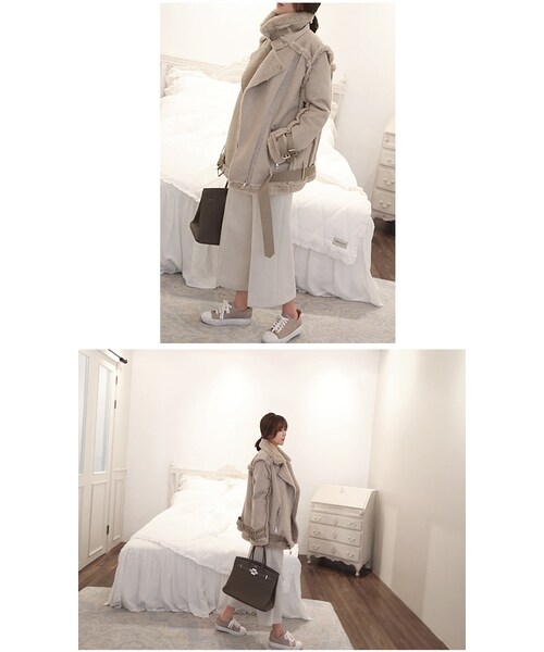 Aco Design（アコデザイン）の「ムートン コート ロング/ボアコーチジャケット/ライダースジャケット ファー/裏ボア コート（ムートンコート・レディース・ライトベージュ・肩幅：45　バスト：108　袖丈：59　袖幅：15.5　着丈：79）」の12枚目の写真