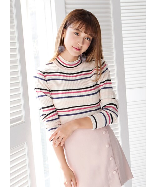 gracegift（グレースギフト）の「單肩排釦橫條針織上衣（その他・レディース・米白・F）」の4枚目の写真