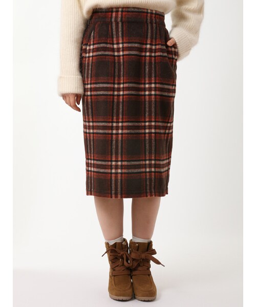 w closet（ダブルクローゼット）の「起毛チェックタイトスカート（スカート・レディース・ブラウン/ネイビー・FREE）」の3枚目の写真