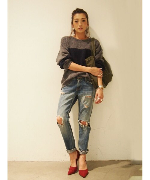 人気◆UNGRID / ブークレワイドボーダーニット◆カーキ