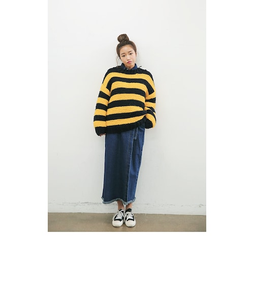 ハチヤーズ  レディース トップス イエロー STYLENANDA（スタイルナンダ）の「ボーダー柄バルキーニット