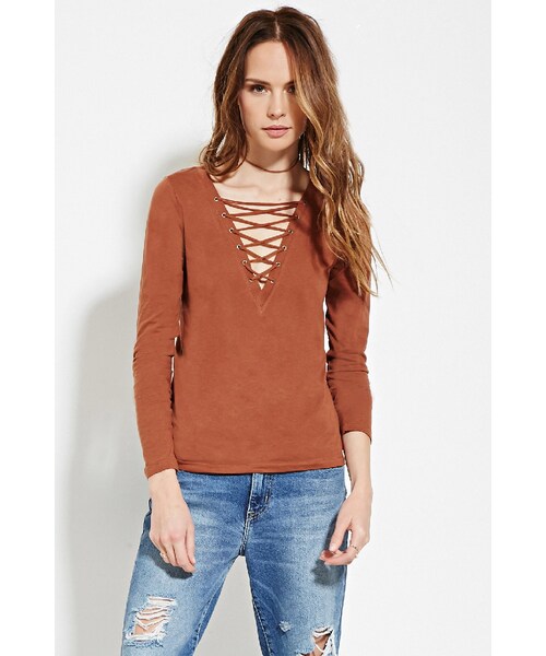 FOREVER 21（フォーエバー トゥエンティーワン）の「レースアップネックトップ（トップス・レディース・BLACK/AMBER・X-Small/Small/Medium/Large）」の6枚目の写真