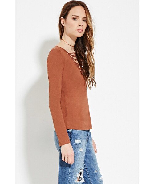 FOREVER 21（フォーエバー トゥエンティーワン）の「レースアップネックトップ（トップス・レディース・BLACK/AMBER・X-Small/Small/Medium/Large）」の7枚目の写真