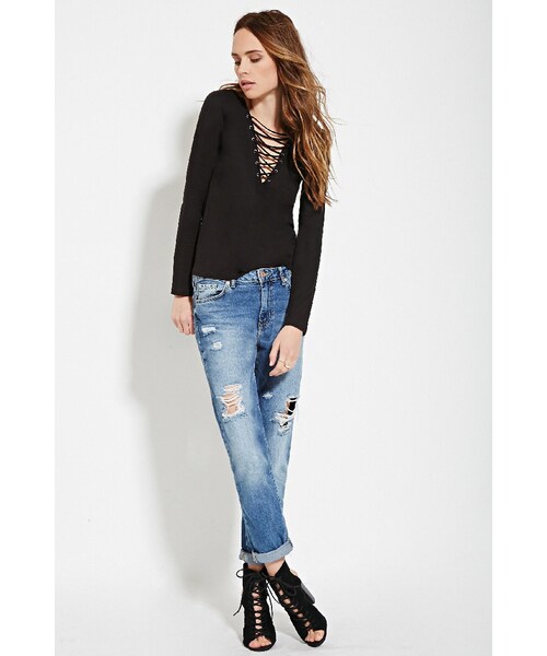 FOREVER 21（フォーエバー トゥエンティーワン）の「レースアップネックトップ（トップス・レディース・BLACK/AMBER・X-Small/Small/Medium/Large）」の4枚目の写真