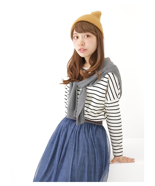 earth music&ecology（アースミュージックアンドエコロジー）の「【Special Price】＜もっと大きなサイズ＞ボーダードロップスリーブカットプルオーバー（トップス・アイボリー/レッド/キャメル/グリーン・13/17）」の5枚目の写真