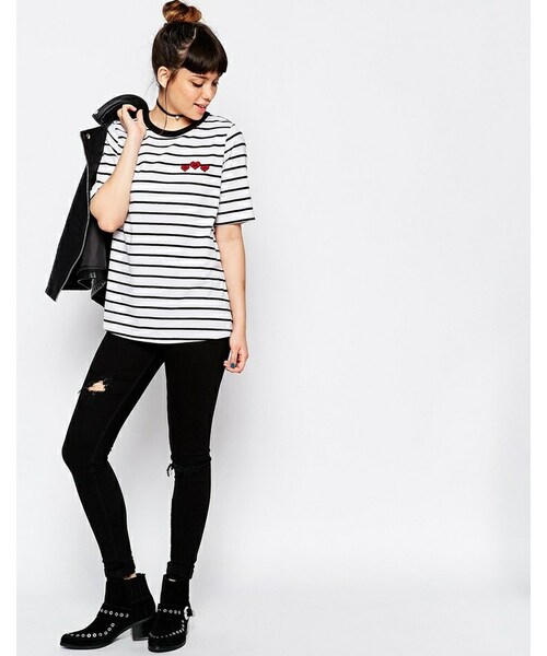 asos（エイソス）の「ASOS COLLECTION ASOS Tipped T-Shirt in Stripe with You Me oui  Badges（Tシャツ/カットソー）」 - WEAR