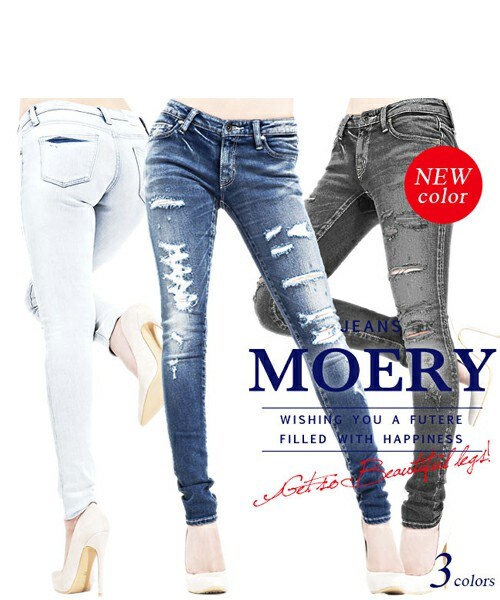 MOERY(モエリー)の「クラッシュスキニージーンズ(デニムパンツ・レディース・ブラック/アイスブルー/インディゴ・XS/S/M/L)」の2枚目の写真