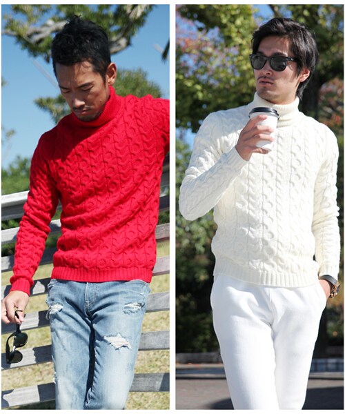 THE STRAND（ストランド）の「ケーブルタートルニット（ニット/セーター・メンズ・ネイビー/ホワイト/レッド・S/M/L）」の4枚目の写真